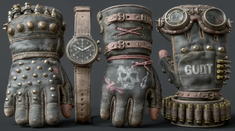 Pair of rugged steampunk gloves with wrist devices, watch, and goggles.