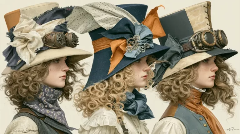 Three women wearing elaborate Victorian hats with steampunk-inspired accessories.