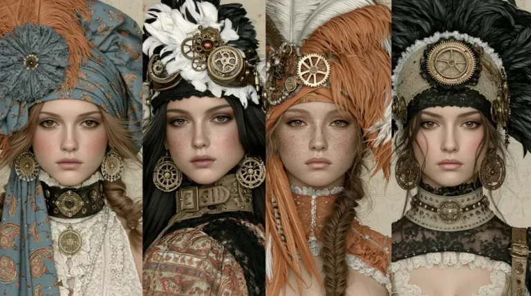 Four elegant women wearing ornate Victorian steampunk headwear.