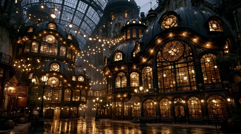 Ornate steampunk townhouse glowing with warm lights at dusk.