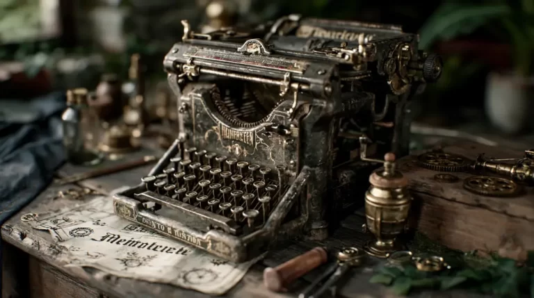 Antique steampunk typewriter on a desk surrounded by mechanical accessories.