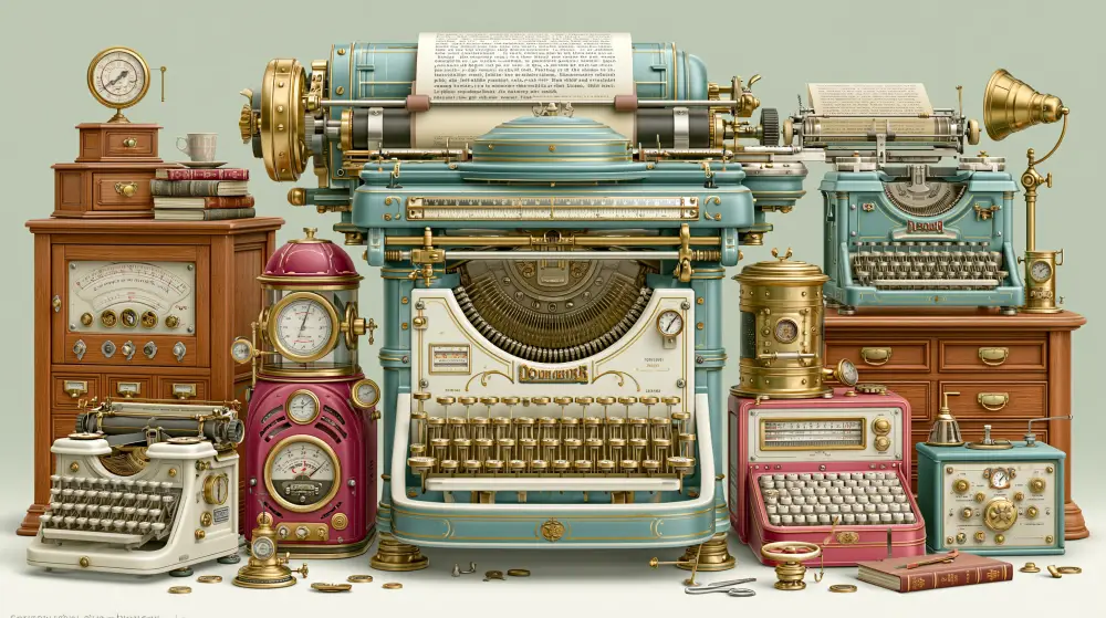 Collection of ornate steampunk typewriters and mechanical office equipment.