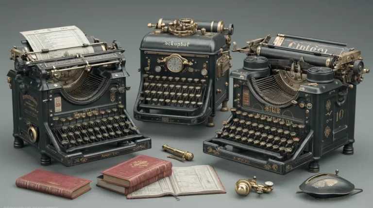 Three ornate vintage typewriters with mechanical details arranged on a desk.