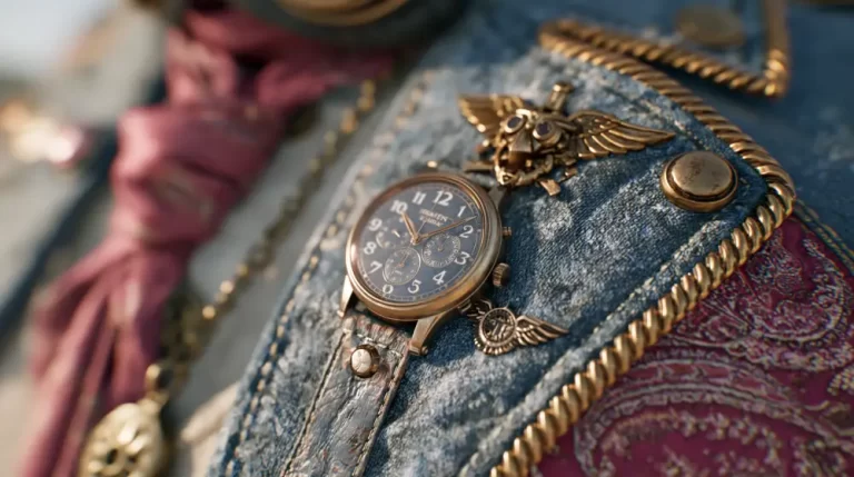 Steampunk watch attached to a decorated blue and red uniform with brass ornaments, chains, and embroidered fabric details.