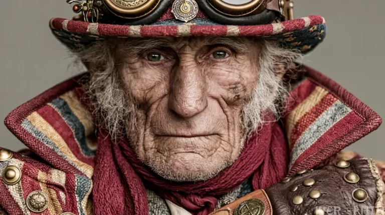 Close-up portrait of an elderly steampunk captain wearing goggles, scarf, and ornate coat.