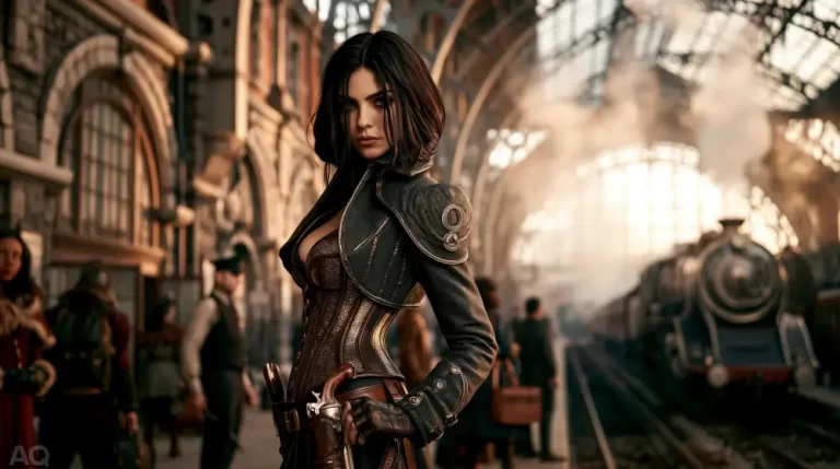 Portrait of a steampunk woman standing in a grand railway station beside a vintage steam locomotive.