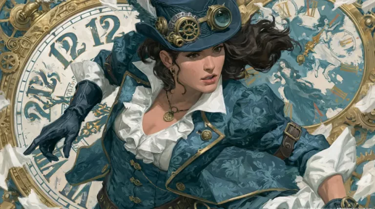 Steampunk woman in blue clothing and hat moving through a clockwork background with broken gears and dials.