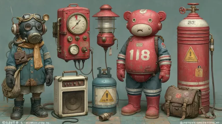 Whimsical collection of steampunk workshop machines, equipment, and mechanical figures.