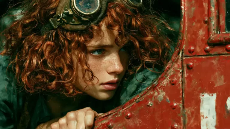 Portrait of a young steampunk aviator with curly hair and brass goggles.