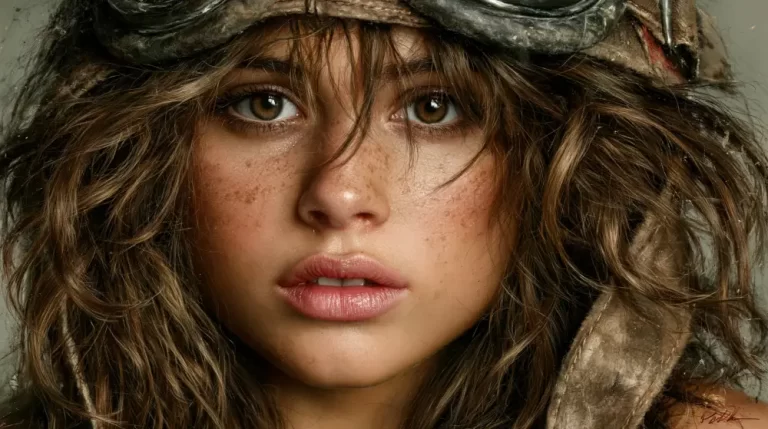Close-up portrait of a young steampunk aviator wearing vintage goggles and a fur hood.