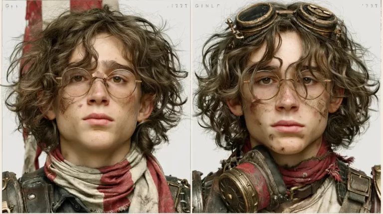 Three portraits of a young steampunk explorer wearing round glasses and goggles.
