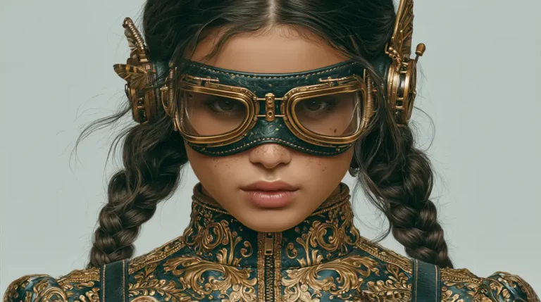 Portrait of a young steampunk inventor wearing ornate brass goggles.