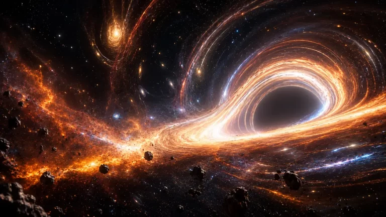A breathtaking view of a supermassive black hole with a glowing accretion disk, warped starlight, and drifting asteroids in deep space.