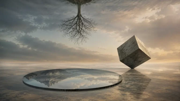A surreal landscape featuring an impossible balancing stone cube, an upside-down tree, and a floating reflective pool guided by dream logic.