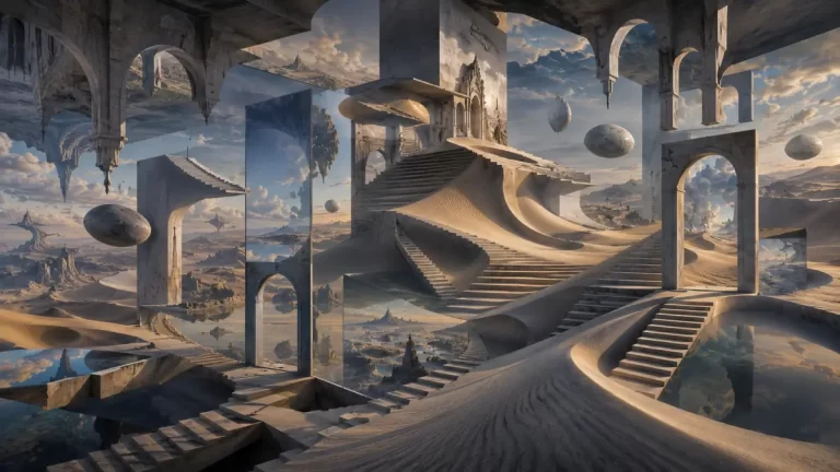 A surreal world of impossible stairways, floating architecture, shifting perspectives, and dreamlike geometric landscapes governed entirely by subconscious logic.