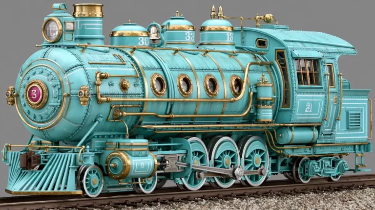 Turquoise steampunk train with brass pipes, porthole windows, decorative wheels, numbered panels, and cartoon mechanical styling.