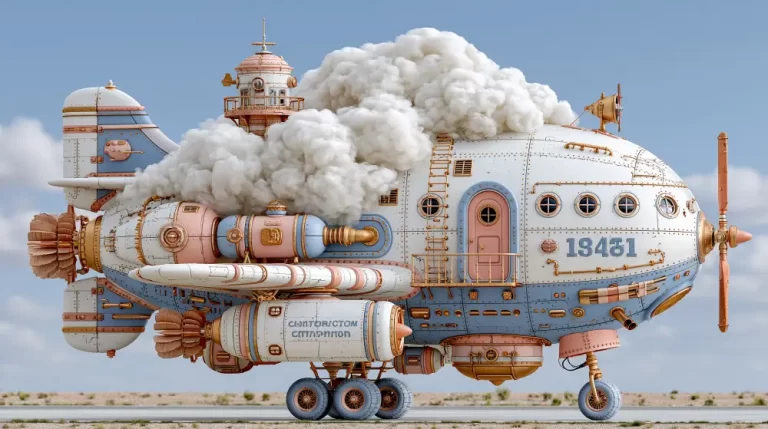 White steampunk aircraft with clouds of steam, propellers, wheels, riveted panels, and pastel mechanical details on a runway.