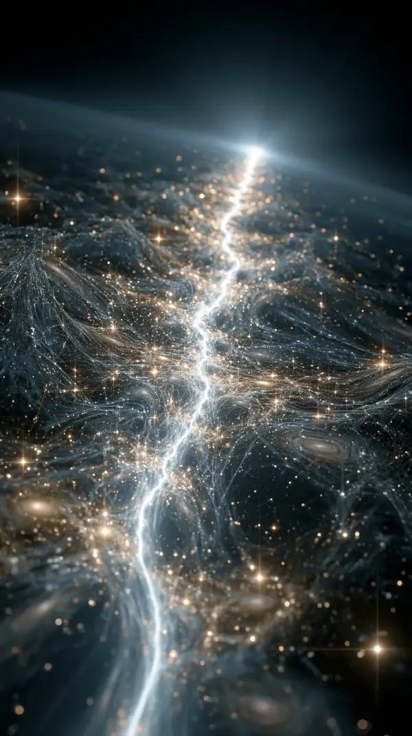 A brilliant cosmic string slices across deep space, surrounded by galaxies, glowing starlight, and delicate filaments of the cosmic web.