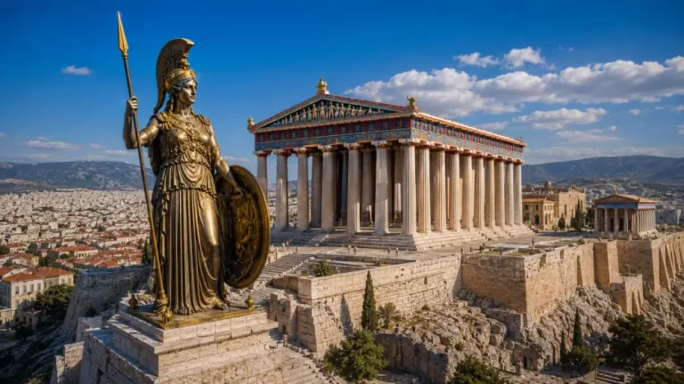 Acropolis of Athens in its golden age with the Parthenon, Athena statue, stone walls, and city skyline below.