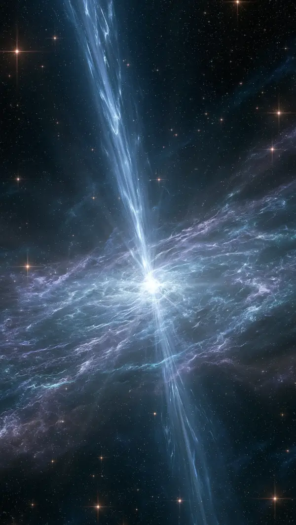 An active pulsar emits brilliant relativistic energy jets across deep space, illuminating surrounding cosmic gas and distant stars.
