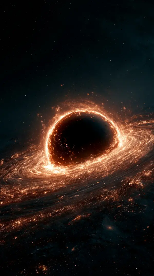 A supermassive black hole surrounded by a blazing accretion disk bends light while consuming vast amounts of glowing cosmic matter.