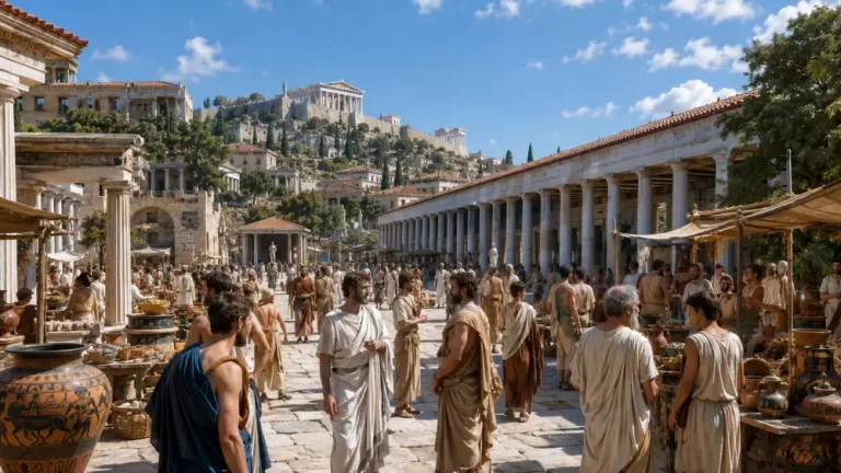 Busy Agora of ancient Athens with people, market stalls, colonnades, and the Acropolis rising in the background.