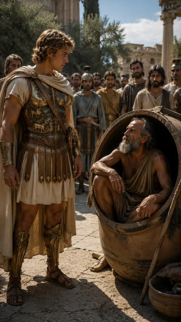 Alexander the Great stands before the philosopher Diogenes seated inside a large storage jar while curious onlookers gather around.