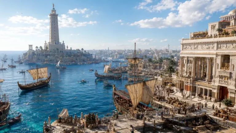 Ancient Alexandria harbor with the lighthouse, sailing ships, classical buildings, crowded docks, and clear blue sea.
