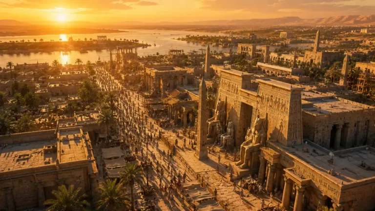 Ancient Aswan beside the Nile with temples, obelisks, boats, crowds, and golden sunlight over the river.