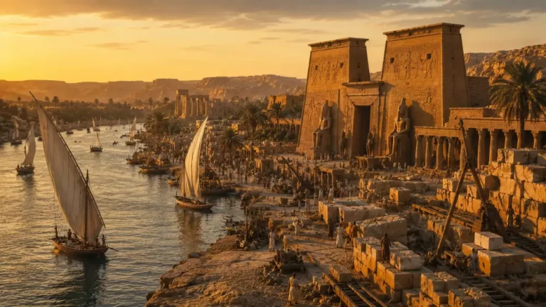 Ancient Aswan beside the Nile with a large Egyptian temple, sailing boats, palm trees, and crowds at sunset.