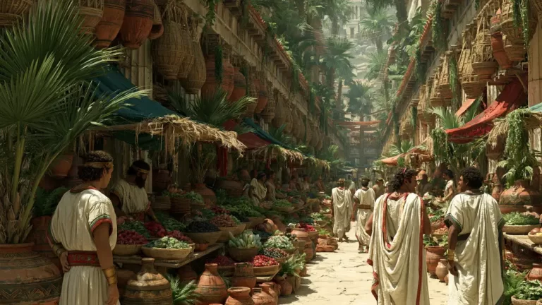 Crowded market street in the ancient Athenian Agora.