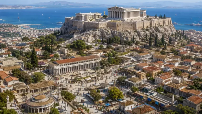 Aerial view of ancient Athens with the Acropolis overlooking the city.