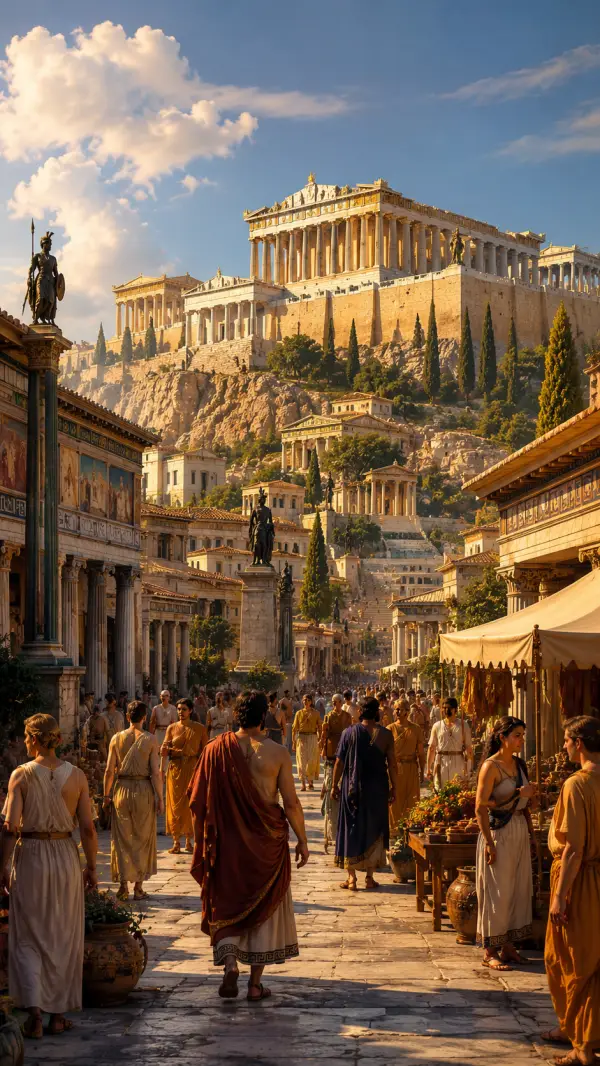 Citizens walk through a bustling market street beneath the Acropolis in ancient Athens during a bright summer afternoon.