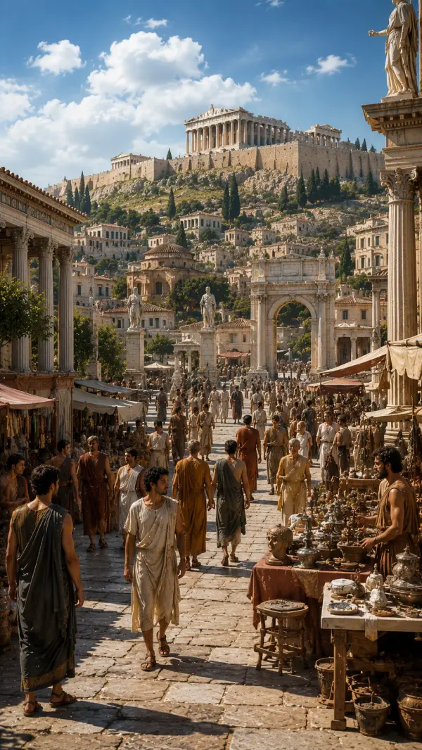 A lively marketplace in ancient Athens with merchants, citizens, monuments, and the Acropolis rising above the city.