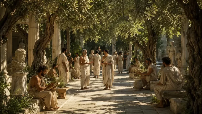 Ancient Greek philosophers and students gather in a shaded Athens courtyard surrounded by trees, columns, and stone benches.
