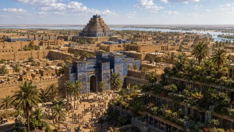 Ancient City of Babylon with a ziggurat, blue gate, palm gardens, city walls, and river landscape.