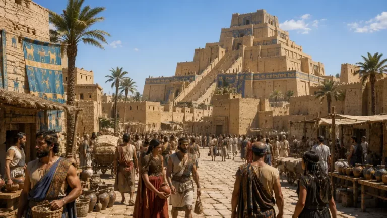 Ancient City of Ur street market with a ziggurat, mudbrick buildings, palm trees, and people walking through the city.