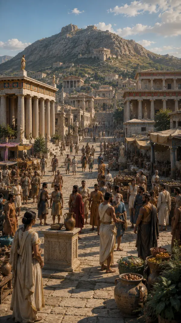 Citizens gather in the lively marketplace of Ancient Corinth beneath the towering Acrocorinth hill surrounded by temples and classical buildings.