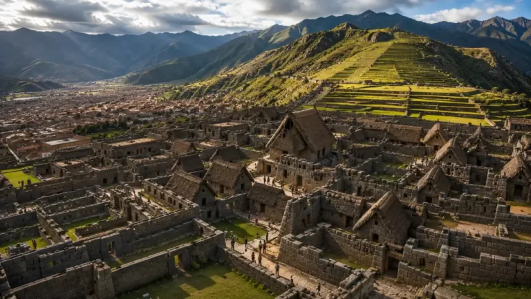 Ancient Cusco mountain city with stone buildings, terraces, surrounding peaks, and dramatic clouds over the Andes.
