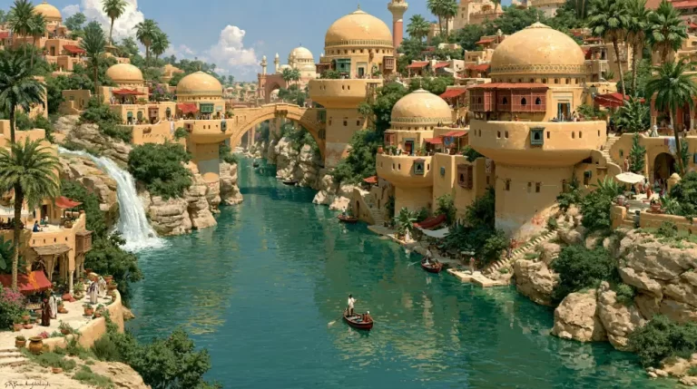 A wide canyon river flowing through a bustling sand-colored city with large domes and palm trees