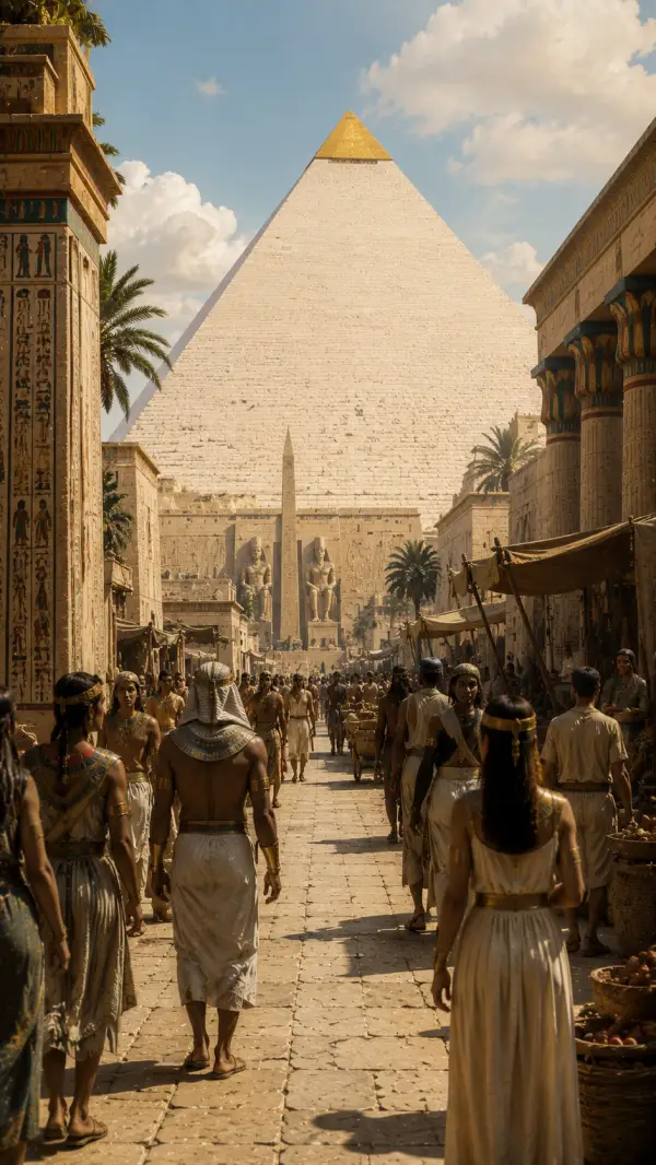 Ancient Egyptians walk along a ceremonial avenue leading toward the Great Pyramid beneath a bright desert sky.