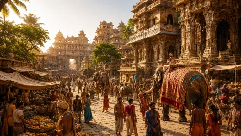 Bustling ancient Indian city plaza with ornate temples, market stalls and an elephant.