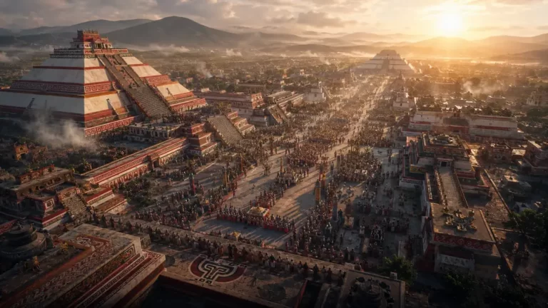 Ancient Mesoamerican city of Teotihuacan with pyramids, broad ceremonial avenue, crowds, mountains, and sunrise.
