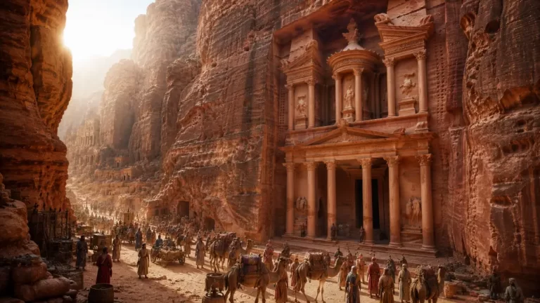 Ancient Nabataean city of Petra with carved rock façades, canyon walls, camels, and people in a sunlit passage.