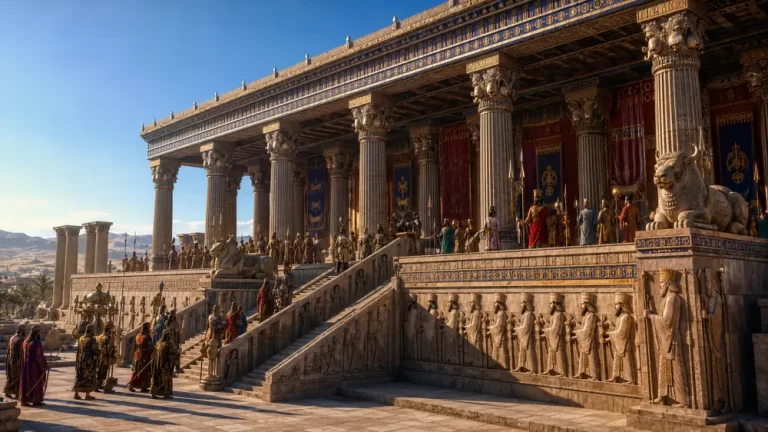Ceremonial palace terrace at ancient Persepolis with carved columns, processional stairs, and crowds in Persian dress.