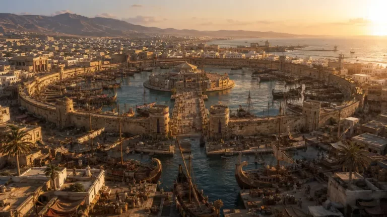 Ancient Phoenician city of Carthage with circular harbor, ships, dense buildings, hills, and sunset over the sea.