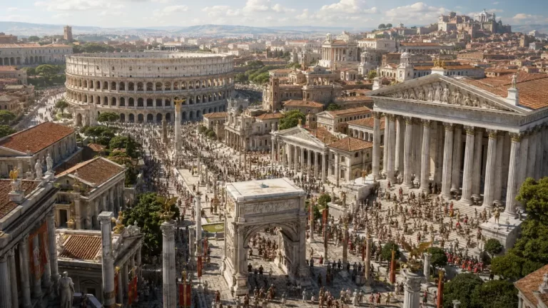 Aerial view of ancient Rome featuring the Forum and the Colosseum.