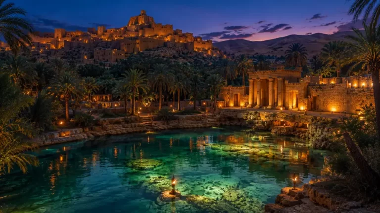 Ancient Siwa Oasis glowing at night with palm trees, turquoise water, desert buildings, and a hilltop settlement.