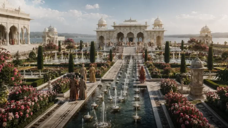 Ancient South Asian palace with white domes, arched pavilions, formal gardens, fountains, flowers, and a distant river.