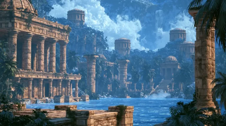 Massive ancient stone temples and columns with large domes overlooking a vibrant blue tropical lake under white clouds